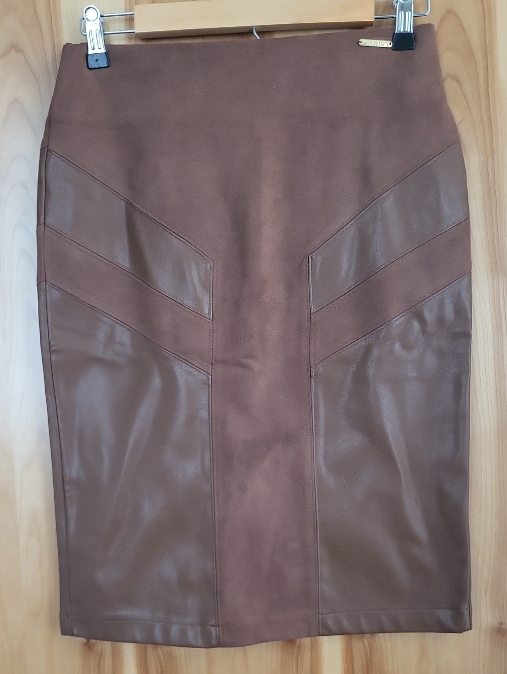 Marc New York Brown Faux Leather And Suede Pencil Skirt With Back Slit